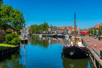 Ships in Canal in City Center of Enkhuizen Netherlands