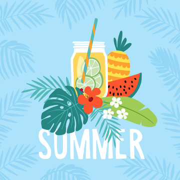 Hand drawn summer greeting card, invitation with lemonade drink in mason jar. Watermelon and pineapple fruit with tropical palm leaves and hibiscus flower. Vector illustration, web banner.