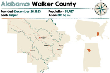 Large and detailed map of Walker County in Alabama.