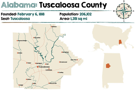 Large and detailed map of Tuscaloosa County in Alabama.