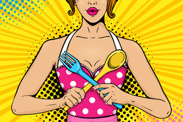 Closeup of sexy woman housewife with open mouth in apron holding big fork and spoon crossing. Vector colorful background in pop art retro comic style. Cook battle invitation poster.