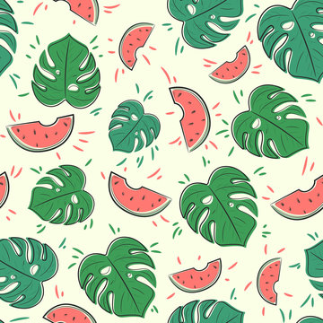 Seamless vector pattern with juicy watermelons and monstera leaves