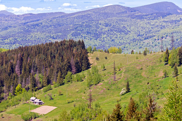 House on a meadow, high in the mountains in summer