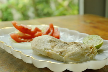 boiled chicken dressing soy sauce with salad low fat protein for  build muscle food on plate