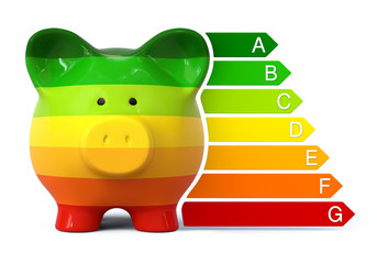 Striped piggy bank with energy efficiency rating arrows from A to G