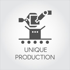 Black icon in flat style of robot arm and conveyor. Concept of unique production. Graphic button or infographic element for different design project. Vector illustration