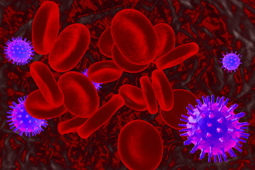 Blue viruses in blood, 3D illustration