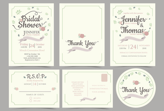 Wedding invitation card minimalist style. Bridal shower card. rsvp card. Thank you sticker.Front and Back template. for sweet couple concept .Vector/Illustration