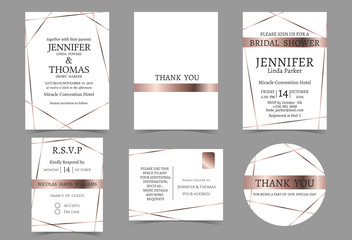 Wedding Invitation Card with Rose Gold and White Color tone. Bridal Shower Invitation Card. RSVP card .Thank you sticker.Vector/Illustration