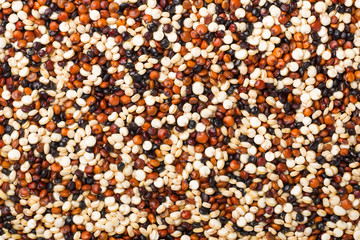 food background of uncooked quinoa, top view