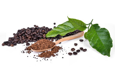 Fototapeta na wymiar coffee bean and ground coffee isolated on white background
