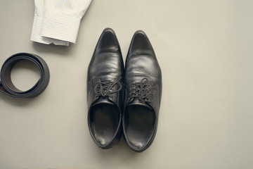 Flat lay design of Businessman clothing with  on gray background.