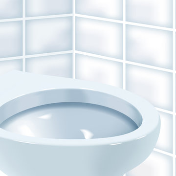 While toilet room with white ceramic toilet bowl. Vector realistic illustration of toilet bowl.