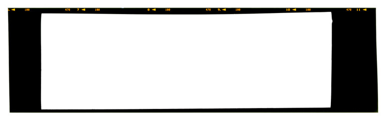Empty panoramic large format 6x17cm color slide 120 or 220 type (60mm) medium format film strip template with copy space isolated on white background with work path.