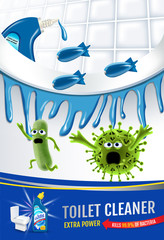 Fresh fragrance toilet cleaner ads. Cleaner bobs kill germs inside toilet bowl. Vector realistic illustration. Vertical poster.