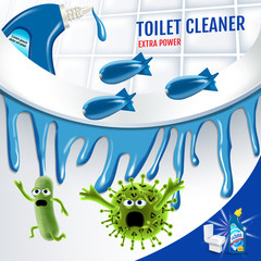 Fresh fragrance toilet cleaner ads. Cleaner bobs kill germs inside toilet bowl. Vector realistic illustration. Poster.