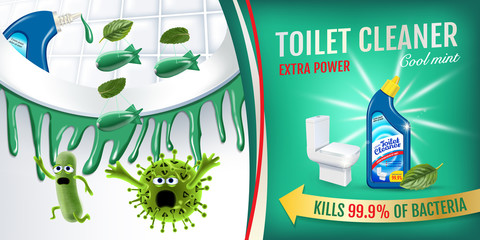 Cool mint fragrance toilet cleaner ads. Cleaner bobs kill germs inside toilet bowl. Vector realistic illustration. Horizontal banner.
