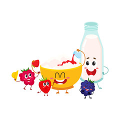 Funny bowl of cottage cheese, milk bottle and berry characters, healthy breakfast, cartoon vector illustration isolated on white background. Cute cottage cheese bowl, milk bottle and berry characters