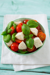 caprese salad on turquoise background