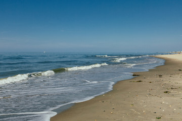 Morning on the ocean shoreline with gentle waves flowing in