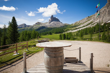Alpine mountain rifugio wooden table