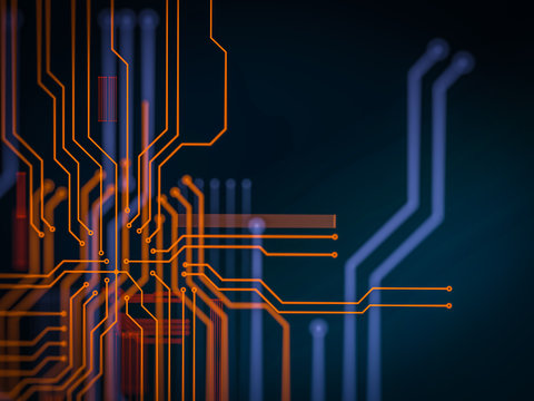 Circuit board futuristic server code processing. Orange, green, blue technology background with bokeh. 3d Illustration