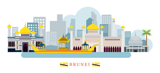 Brunei Landmarks Skyline - obrazy, fototapety, plakaty