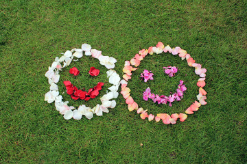 Smiley face emoticon from petals of rose on background of grass. Copy space is left and bottom.