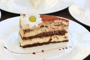Slice of Chocolate layer cake with daisy flower on white plate