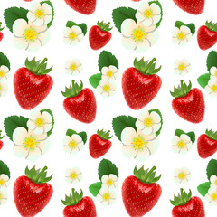 Red ripe strawberries, white flowers and green leaves. Seamless background