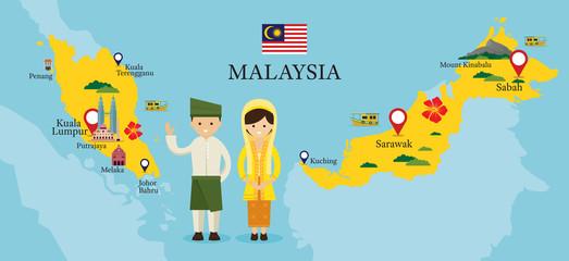 Malaysia Map and Landmarks with People in Traditional Clothing