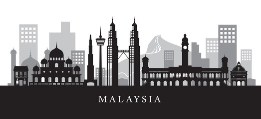 Malaysia Landmarks Skyline in Black and White Silhouette