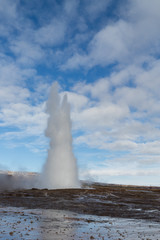 Geysir geyser erupting in a tower of spray in Iceland.