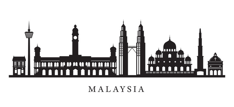 Malaysia Landmarks Skyline in Black and White Silhouette