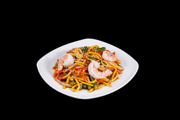 Noodles with shrimps in shrimp sauce isolates