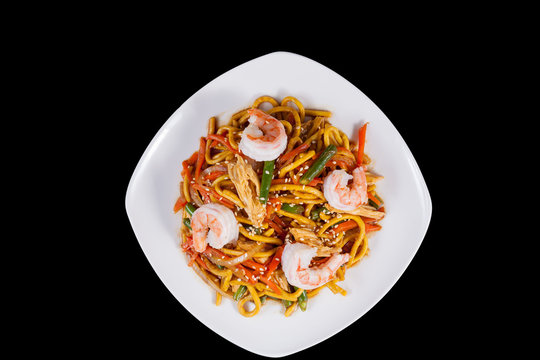 Noodles with shrimps in shrimp sauce isolates