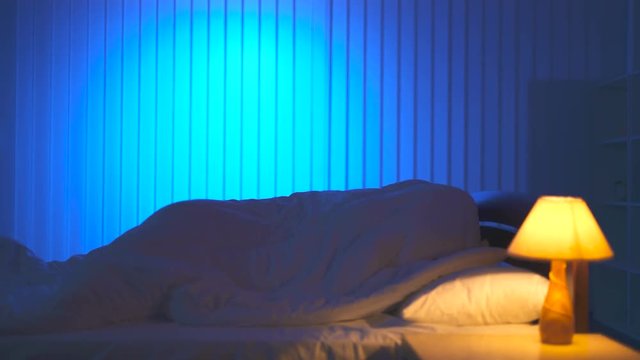 The couple make love under cover on the bed. night time