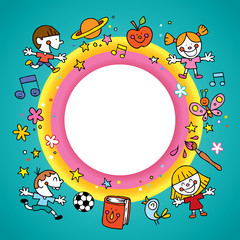 blank banner round frame border with group of kids