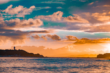 稲村ケ崎から富士山の夕日　2