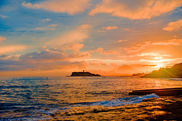 稲村ケ崎から江ノ島と富士山の夕日