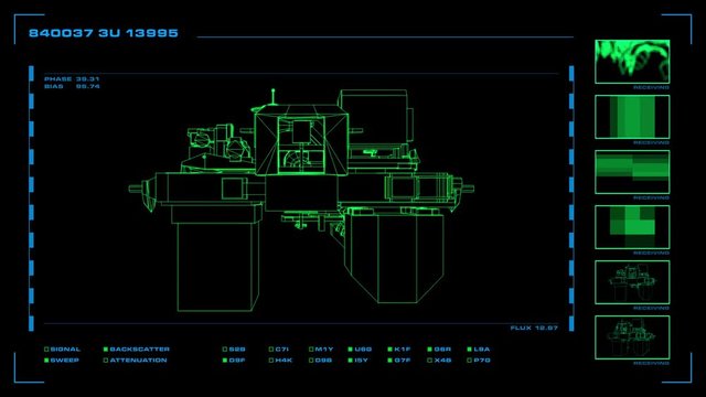 Looping, reversible single-panel wireframe display of modular element with related readouts and indicators.