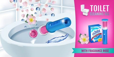 Rose fragrance toilet cleaner gel disc ads. Vector realistic Illustration with toilet bowl gel dispenser and gel discs. Horizontal banner.