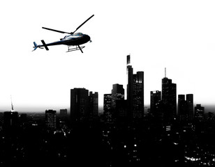Hubschrauber- und Skyline-Silhouette in abstraktem Bild mit hohem Kontrast