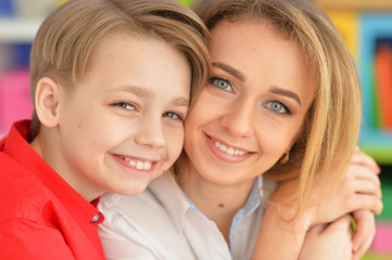 Smiling mother and son