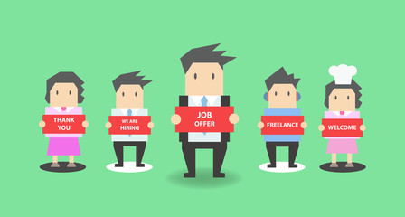 Business Man and Business Woman hold a thank you, hiring, job offer, freelance, welcome post signs.  Set of cute cartoon businessman in various poses for use in sales, web, slide, presentations, etc.