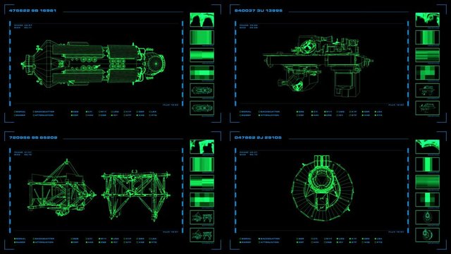 Looping four-panel wireframe display of modular elements with related readouts and indicators.