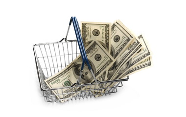 Shopping basket with dollar bank notes, bills isolated on white background