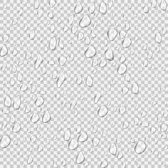 Different realistic transparent water drops. Glass bubble drop condensation surface on isolated background. Vector clean drop splash