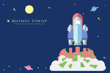Business rocket flying with money booster. business startup concept. Launch Project start up business by money fuel.  Business Rocket with space for text. flat vector illustration EPS10.