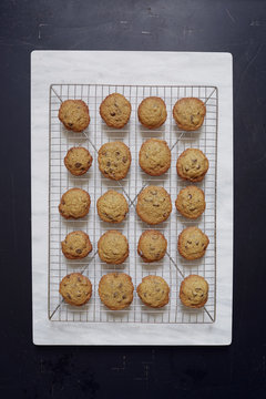 Overhead view of baking sheet with chocolate cookies